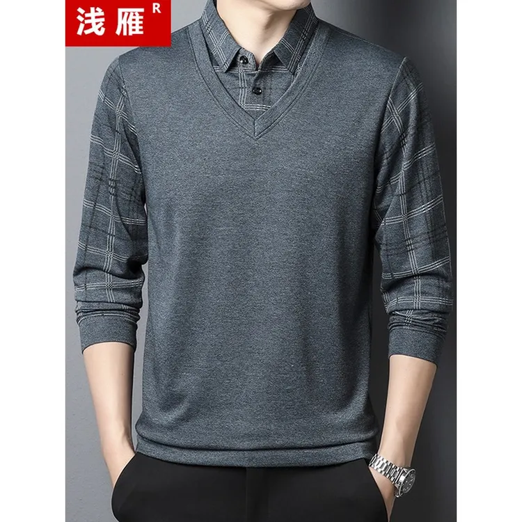 浅雁爸爸装长袖t恤秋季男假两件套装上衣中老年秋冬条纹打底衫