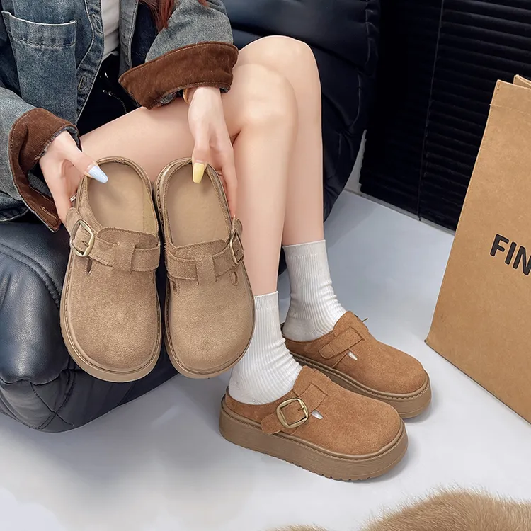 休闲复古外穿厚底半拖包头平底单鞋时尚百搭夏季透气真皮软底韩版