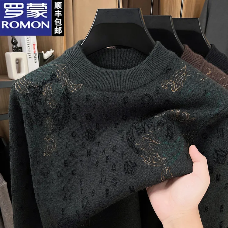 罗蒙秋冬新款圆领毛衣男士韩版个性痞帅高端提花加厚打底针织衫潮