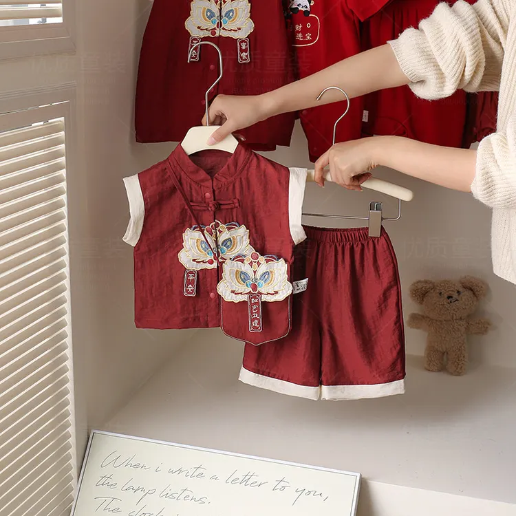巴拉巴拉适用红色喜庆婴儿夏款薄套装中国风周岁百天宝宝裤两件套
