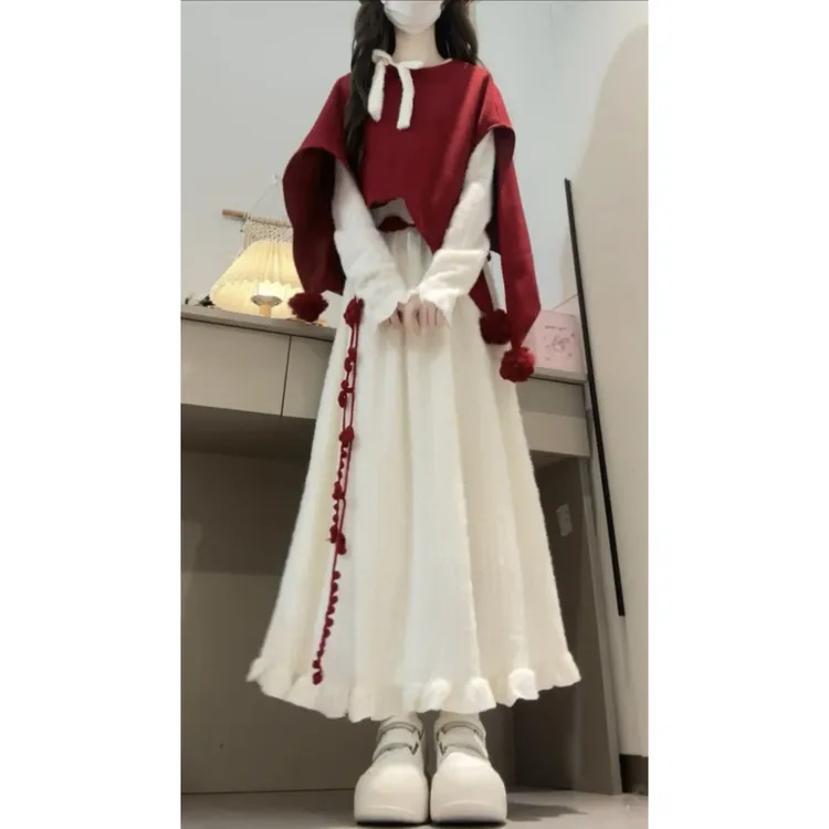 新年战袍过年穿搭套装裙子秋冬新款斗篷披肩上衣搭配连衣裙两件套