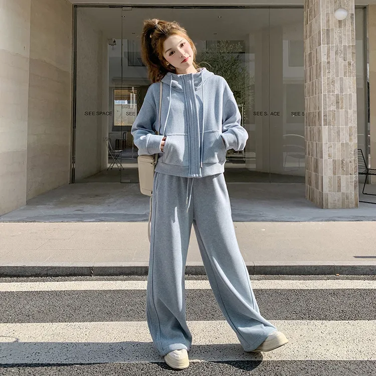 实拍蓝色超好看连帽卫衣套装女2025春小个子休闲运动阔腿裤两件套