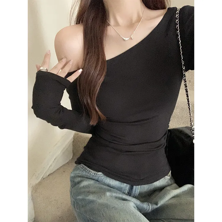 斜肩长袖内搭打底衫露肩女装设计感小众百搭春秋季修身上衣ins风