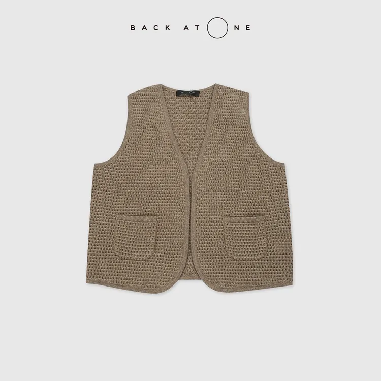 BACKATONE“麦浪”康赛妮山羊绒镂空针织V领开襟马甲 BFF-1AE133C-K