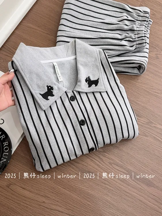 『条纹小狗』秋冬睡衣女亲肤双面磨毛绒带胸垫保暖冬季家居服套装