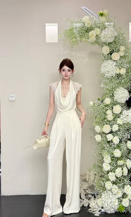 【精选优品 】新款镂空法式气质薄款拼接高腰阔腿连体裤25815