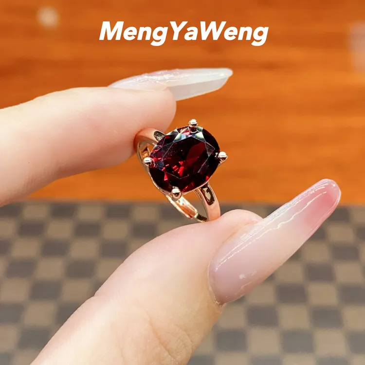 铜合金合成锆石戒指 【大吉祥】9x11mm石榴红镶嵌简约大方戒指女