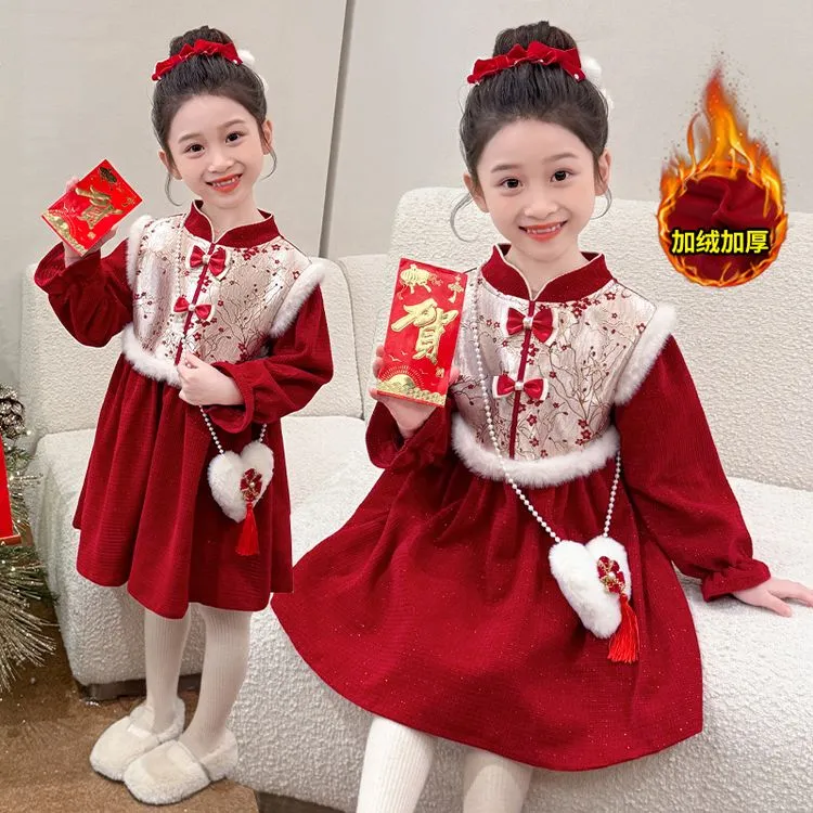 女小童国风拜年服秋冬季女宝宝汉服冬装小女孩红色连衣裙