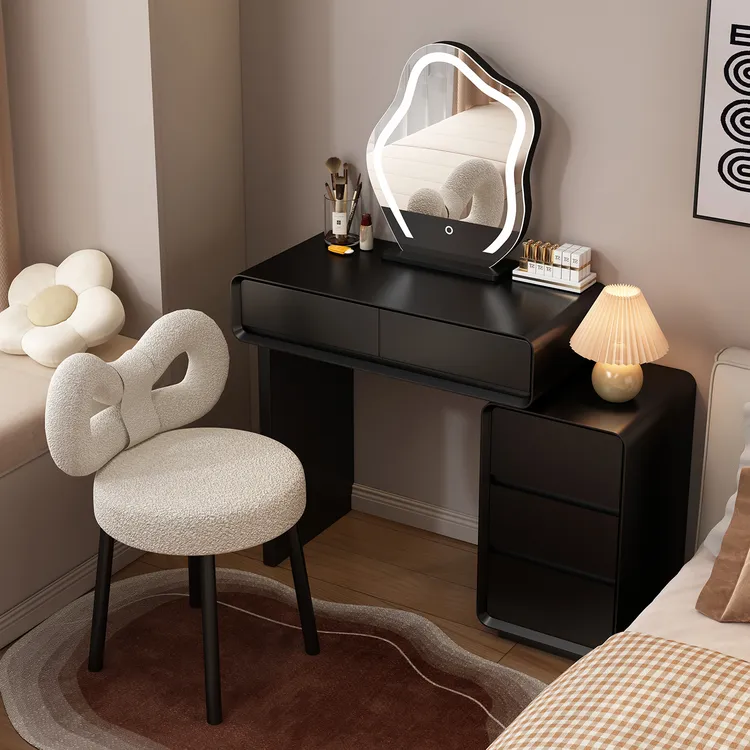 实木烤漆梳妆台高级黑色卧室现代简约轻奢小户型化妆桌收纳柜一体