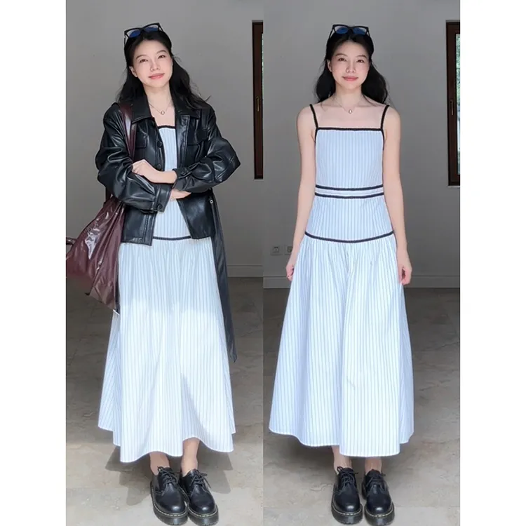 郭九九呢 气质收腰显瘦皮衣外套撞色织带拼接连衣裙 G925T15148