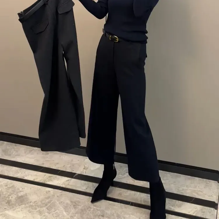 秋冬休闲裤九分裤直筒宽松松紧腰时尚高腰百搭修身毛呢阔腿裤靴裤