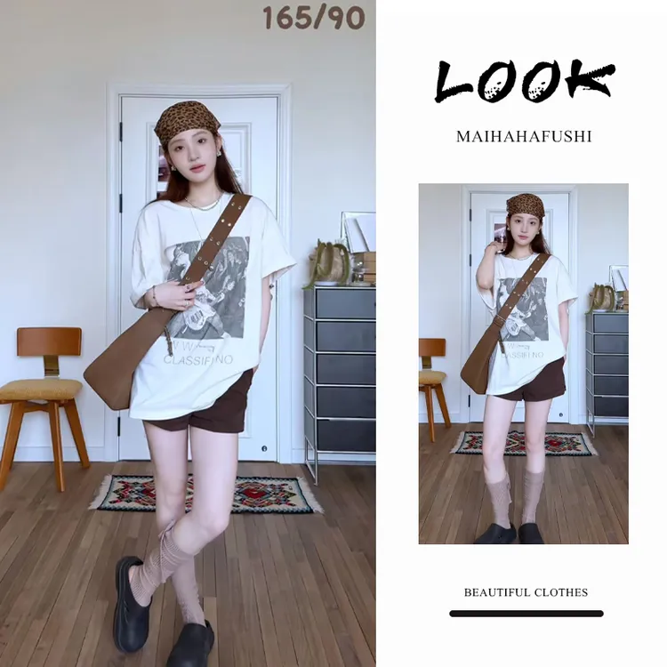 夏季时尚一整套女装2025新款韩版气质宽松印花短袖T恤短裤两件套