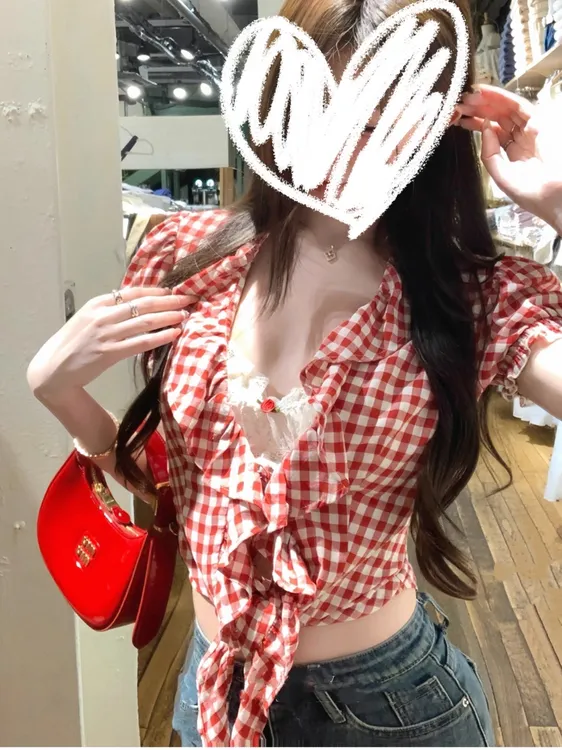 明星穿搭同款氛围感红色套装早秋格纹两件套女百搭辣妹上衣00061