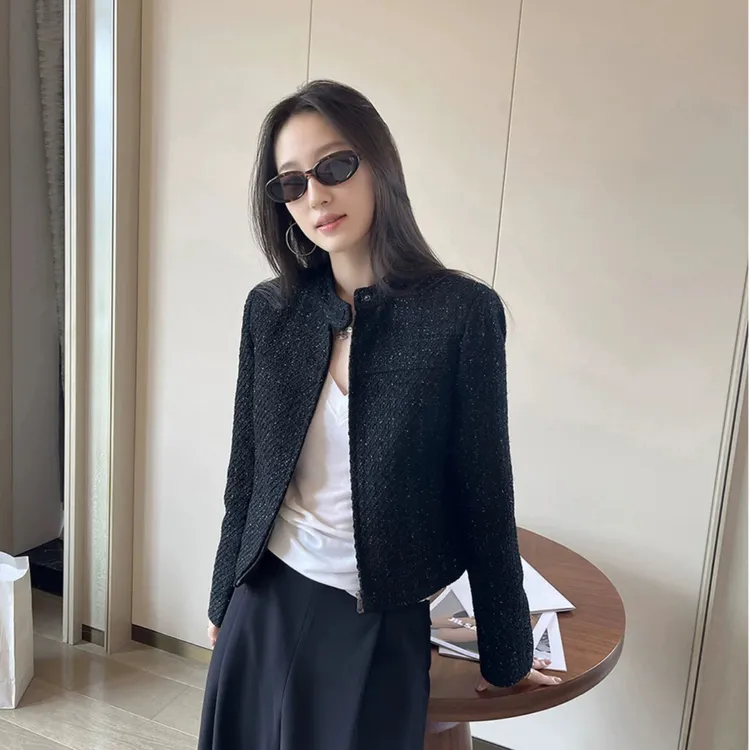 黑色粗花呢斜纹小香风外套女秋季2025新优雅气质百搭西服