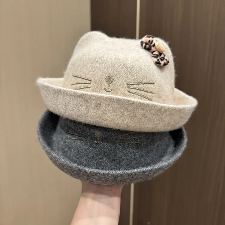 【猫咪毛呢帽】儿童帽子韩版可爱卡通遮阳帽宝宝秋冬翻檐小圆帽礼帽