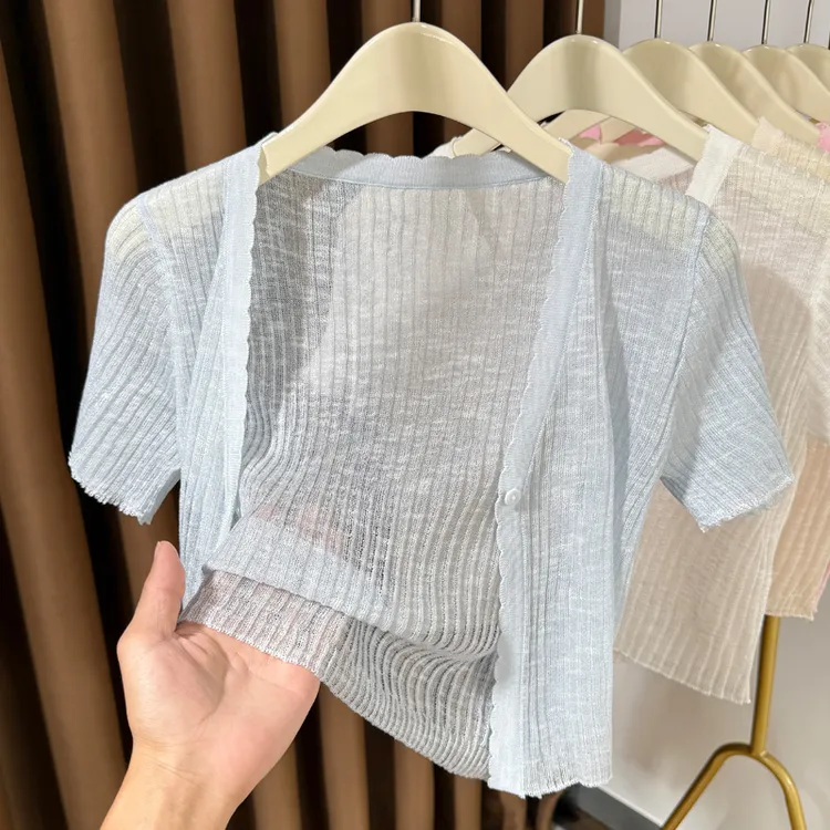 冰丝针织衫女短袖开衫夏季新款超薄吊带裙外搭短款小披肩洋气罩衫