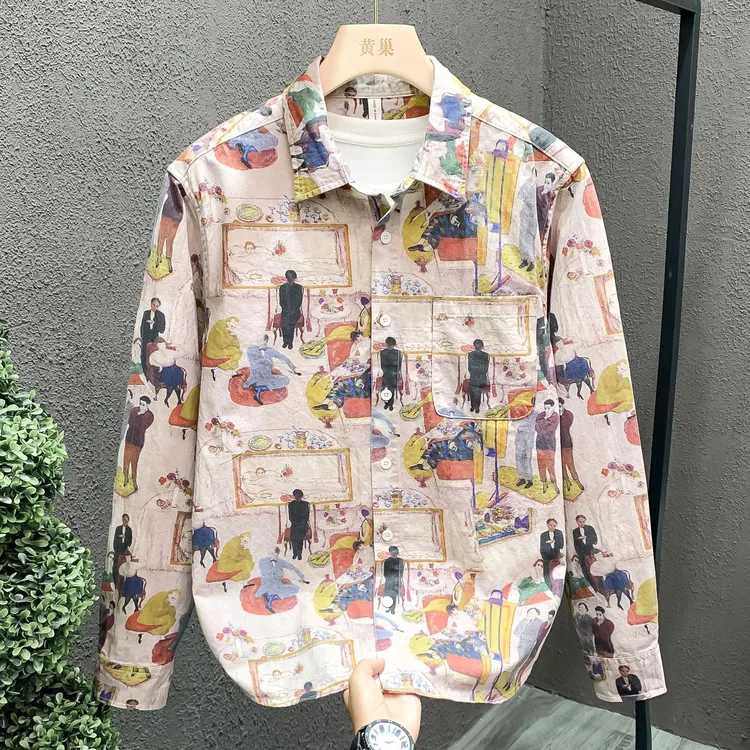 时尚高端男装轻奢日系复古衬衫春秋季满印长袖流光风宽松个性衬衣