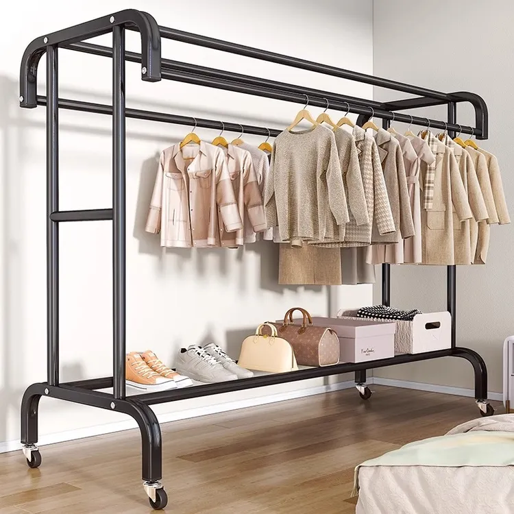 加粗收纳衣架落地杆家用卧室晾衣杆室内带轮子简易移动衣帽架挂衣