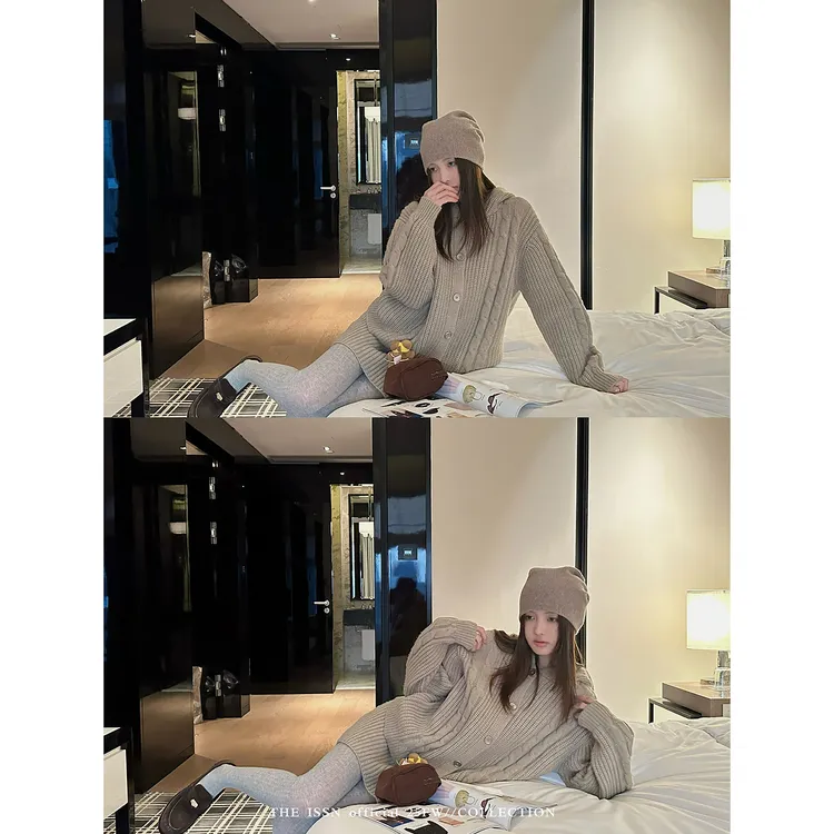 THEISSN宁司 慵懒绞花连帽毛衣开衫女秋针织半裙套装 01591/01592