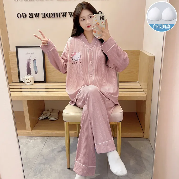 带胸垫睡衣女长袖长裤可爱卡通网红爆款少女秋款家居服套装可外穿