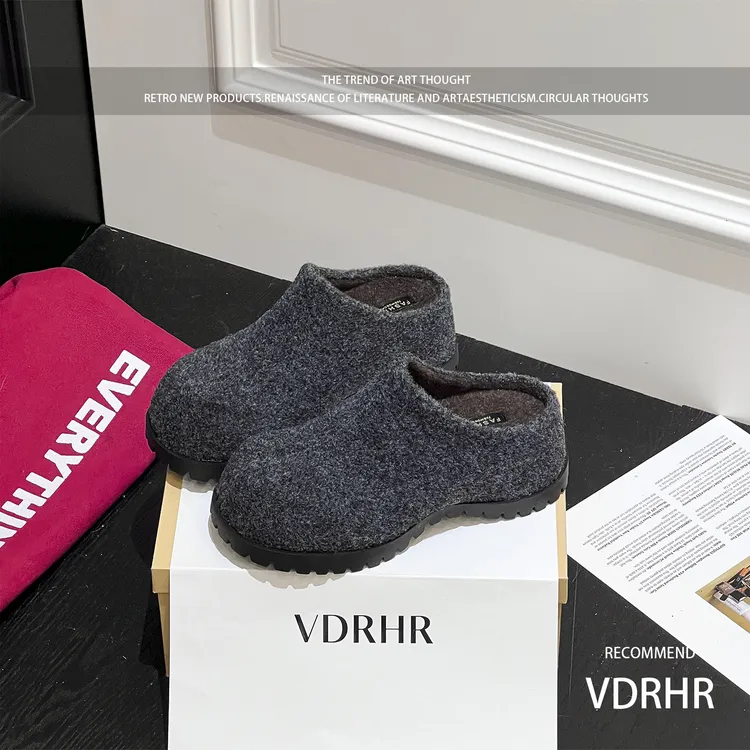 深灰毛呢复古百搭包头半拖鞋女款2025秋冬新款厚底增高加绒保暖鞋