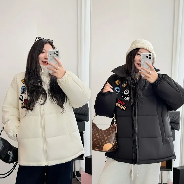 花契“葡萄软糕”大码女装冬季宽松200斤胖mm美式刺绣棉服14142-H