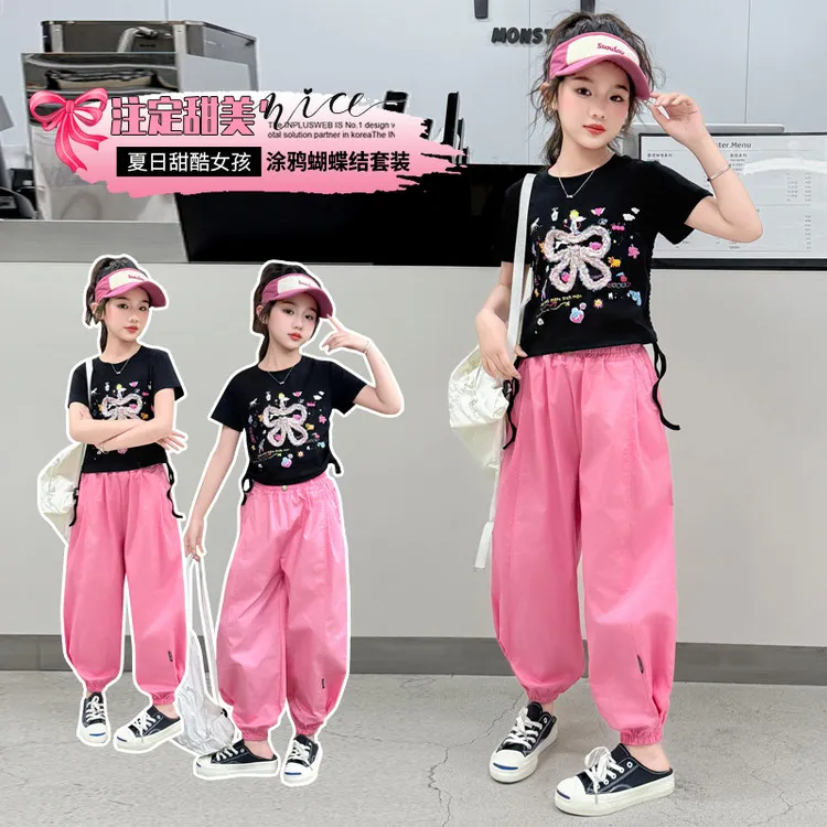 女童炸街套装夏季新款中大童T恤休闲工装裤两件套小女孩洋气甜美