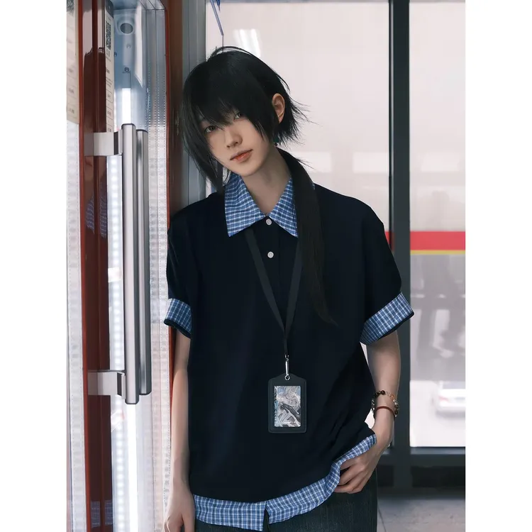 深蓝色衬衫领短袖POLO衫男款夏季假两件格子拼接半袖美式重磅t恤