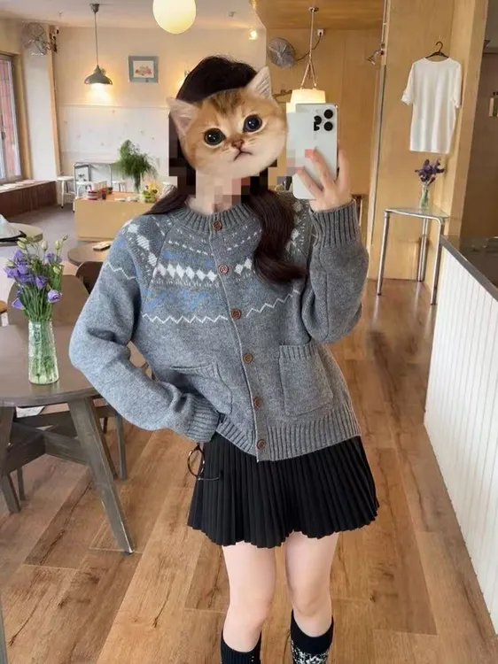 宽松慵懒复古提花费尔岛圆领针织开衫女春秋宽松软糯百搭毛衣