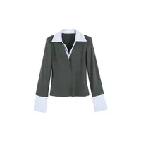 DENGDAHA「漫感伦敦」极简风 假两件拼接长袖衬衫上衣HBZXP641522