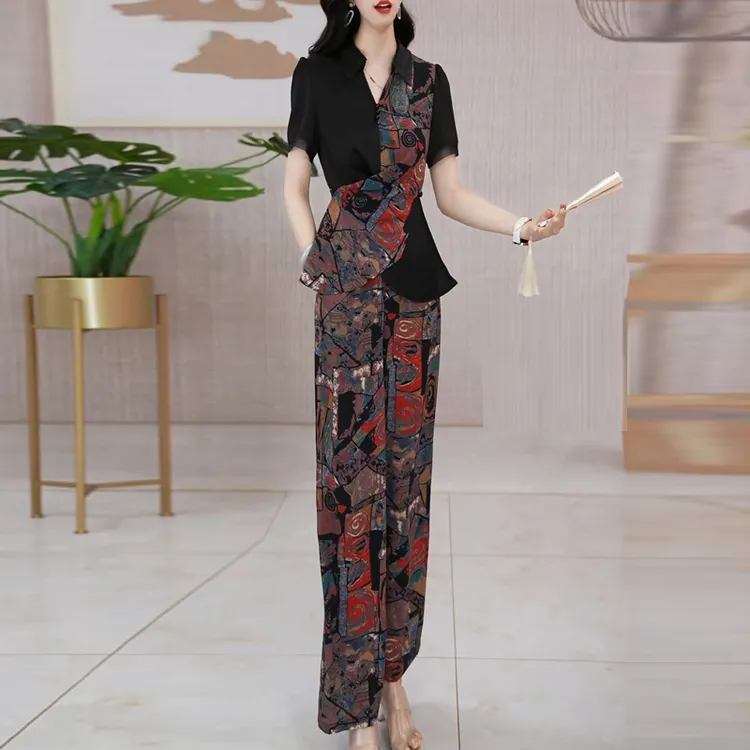 高定轻奢花色休闲拼接套装2025夏季新款修身显瘦减龄阔腿裤两件套