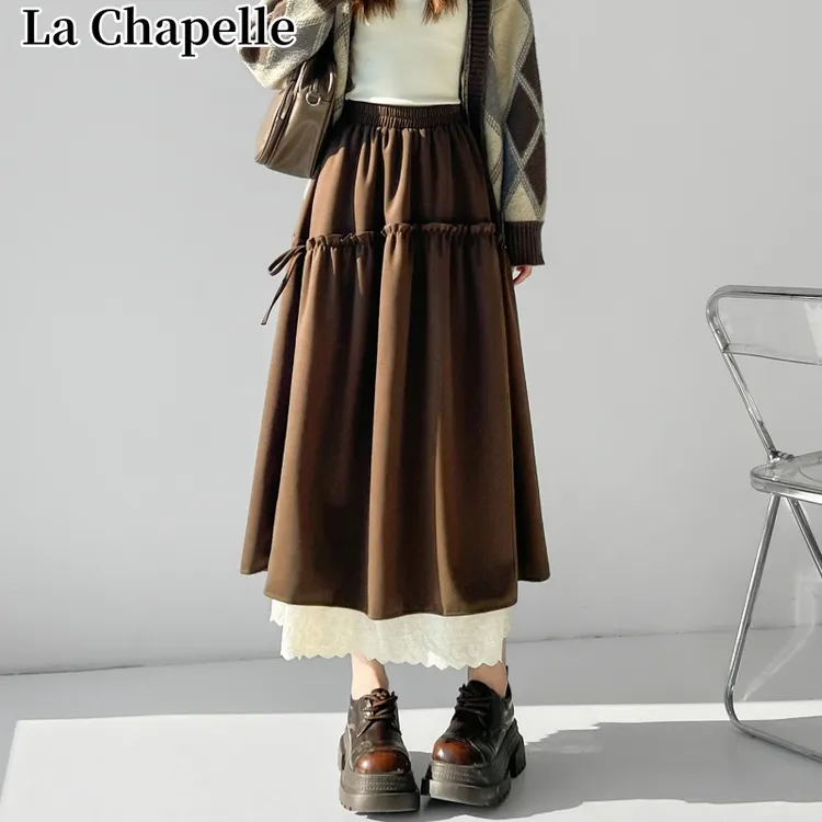 拉夏贝尔秋冬新款毛呢半身裙女高腰显瘦复古蕾丝拼接A字中长裙子