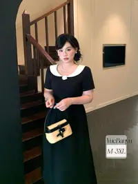 月半鱼【往事】法式复古撞色短袖连衣裙女高级感收腰气质长裙