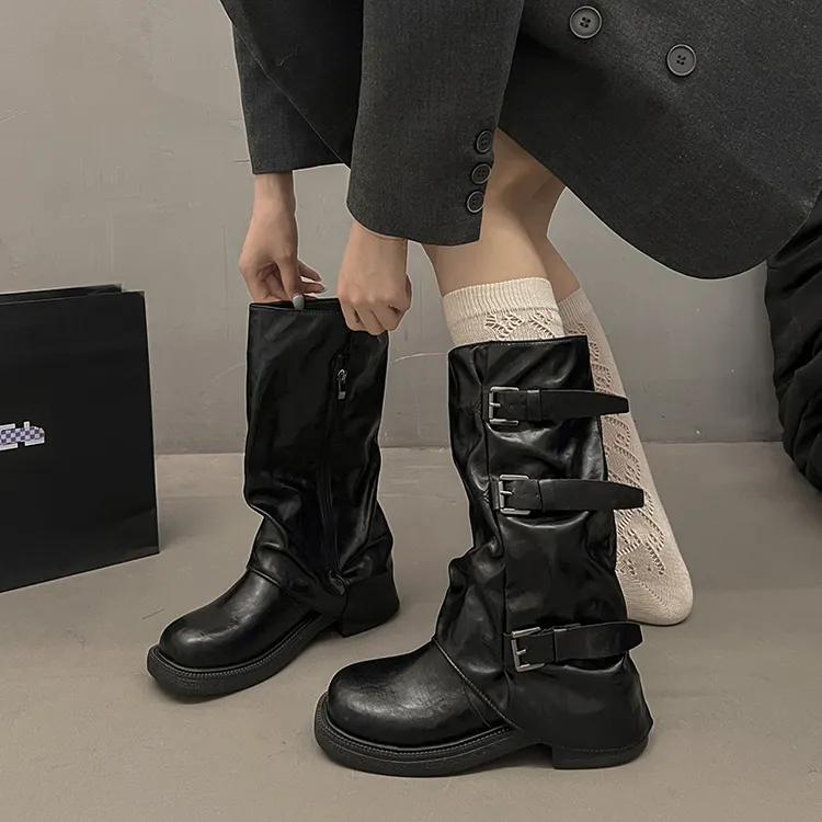 复古粗跟中筒靴女西部牛仔堆堆长靴骑士靴夏季法式裤管靴子配裙子