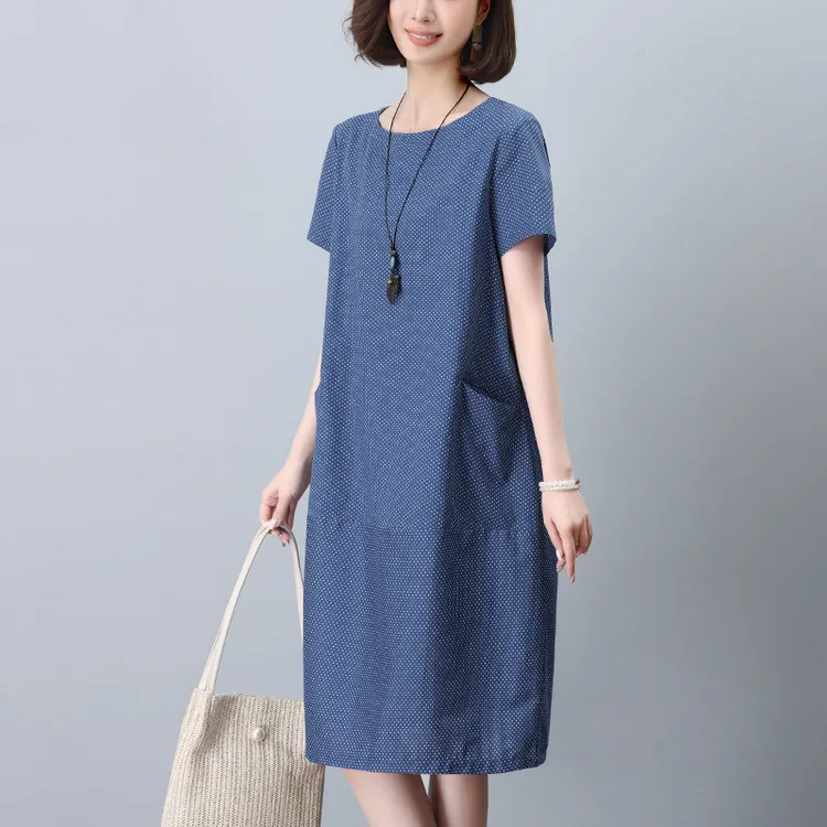 纯棉夏季圆点套头宽松减龄妈妈款连衣裙静奢风圆领短袖通勤长裙