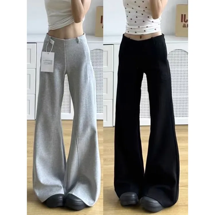 灰色微喇卫裤女春秋季辣妹高个子加长垂感直筒休闲宽松阔腿拖地裤