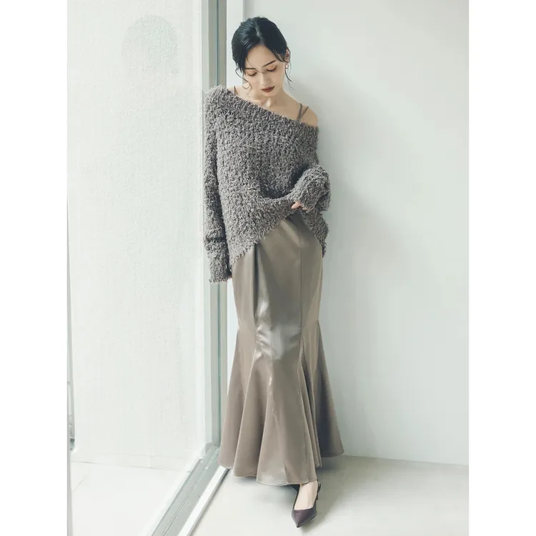 【MonTendre】秋冬新款 A 分层露肩两件套针织上衣缎面吊带连衣裙