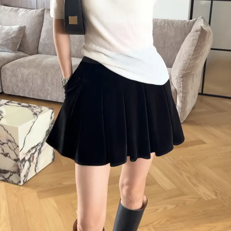“黑夜都会”丝绒半身裙高腰蓬蓬裙2025秋冬黑色百褶裙短裙251386#