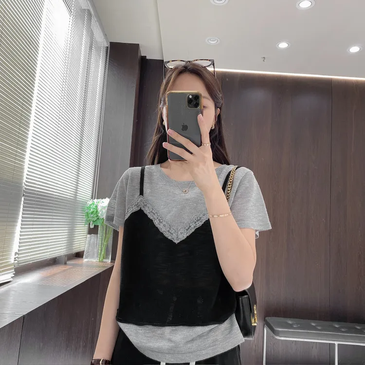 IMFLY金小金自制女装 假两件针织衫DYW9219夏季蕾丝拼接短袖女
