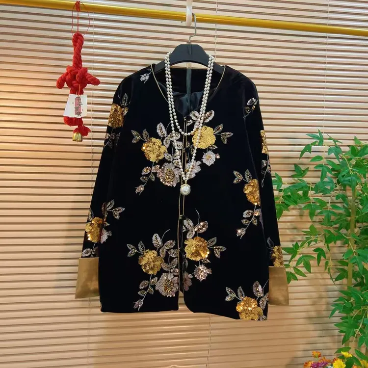 高级感复古静奢刺绣亮片减龄外套胖YY2025秋季新款新中式国风上衣