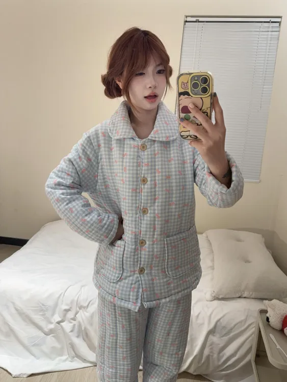 蝴蝶结印花夹棉睡衣女冬季加厚法式甜美少女大码家居服套装可外穿