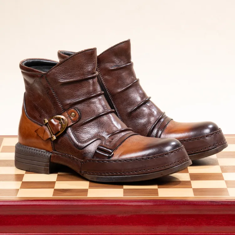 真皮手工复古男士机车靴中帮英伦风软皮马丁靴拉链牛皮切尔西短靴