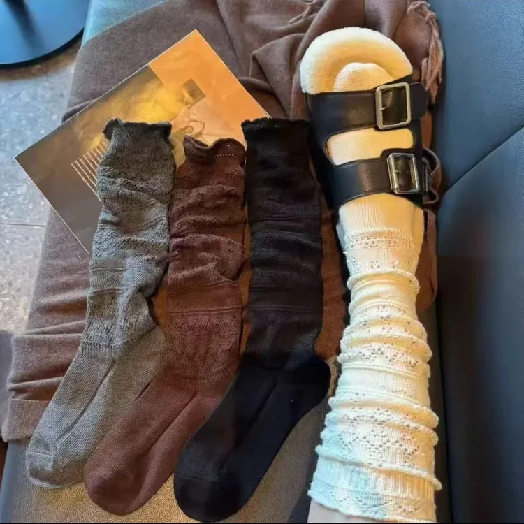 秋冬复古镂空针织网眼长筒袜女穿搭感粗针镂空小腿堆堆