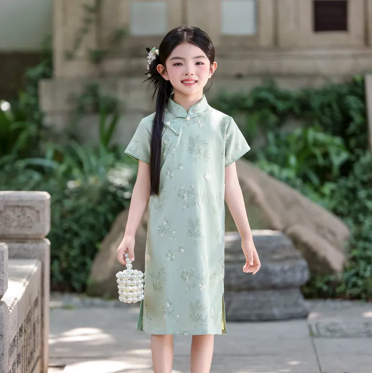 绿色国风女童旗袍清新夏季短袖洋气绝美小女孩中式童装改良连衣裙