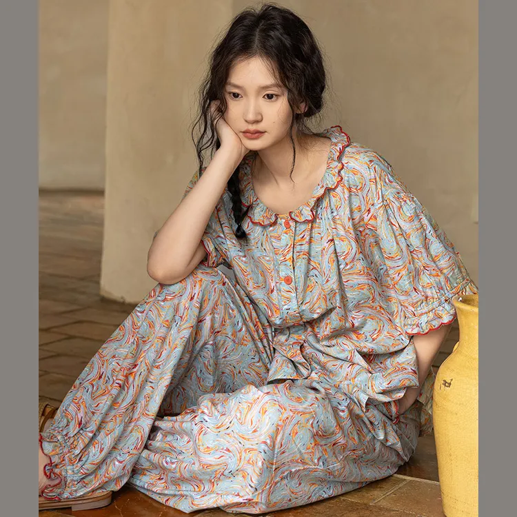 高档纯棉睡衣女夏季2025新款短袖长裤碎花复古家居服套装宽松休闲