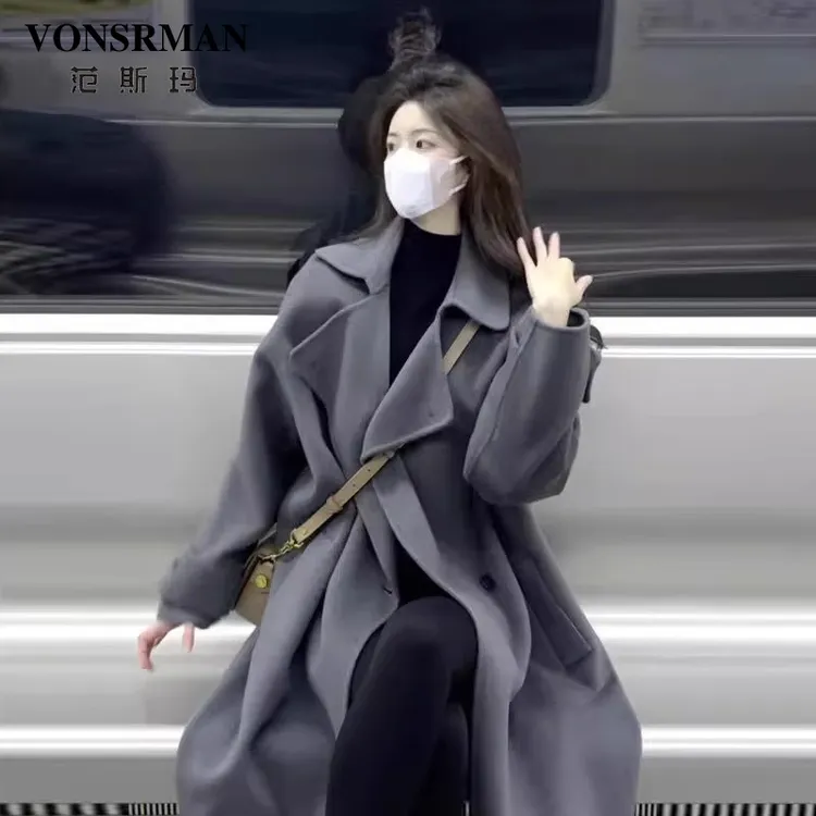 赫本风灰色毛呢大衣女2025秋冬新款时尚韩系小个子高级感长款外套