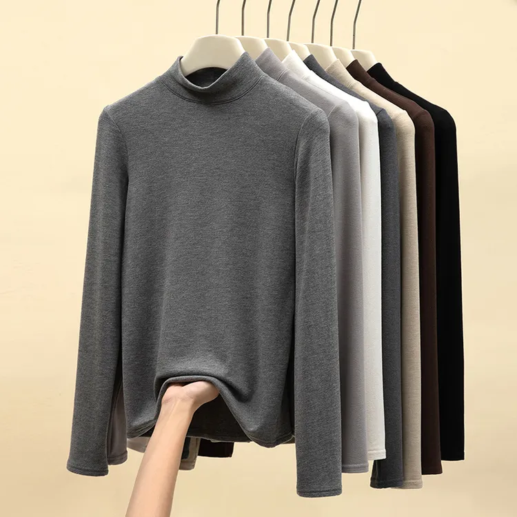 醉梓菡莱赛尔+绵羊毛半高领长袖打底衫女秋冬磨毛修身百搭t恤上衣