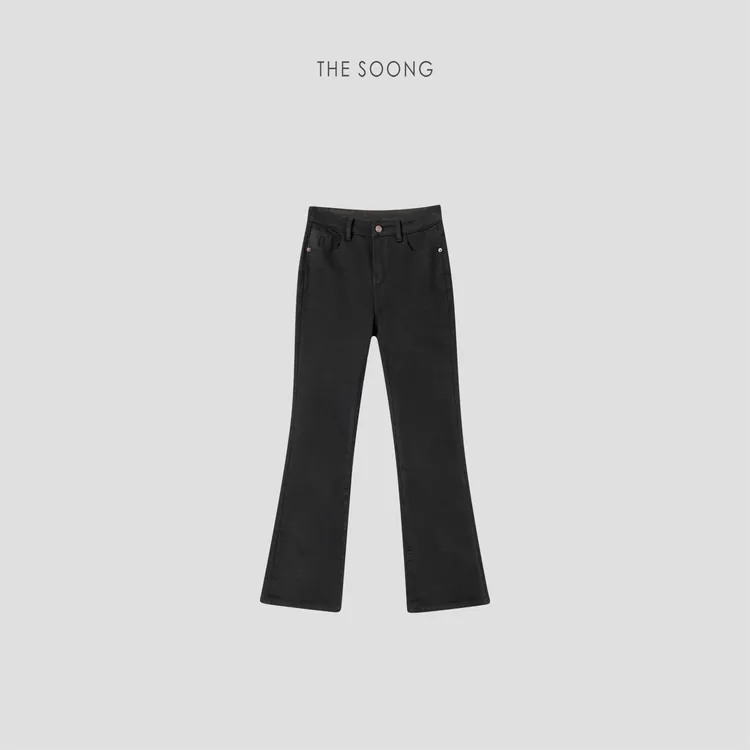 THESOONG|'年度黑牛'加厚加绒正腰高弹拉链微喇黑色牛仔裤女Z7929