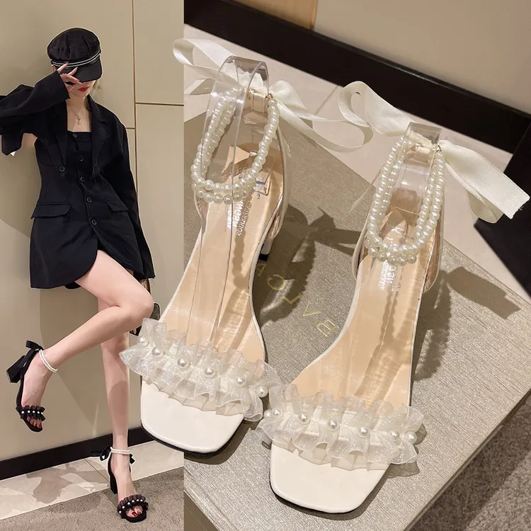 春透明小众中带2025绑带跟仙女凉鞋女粗跟法式一字珍珠水晶高跟鞋
