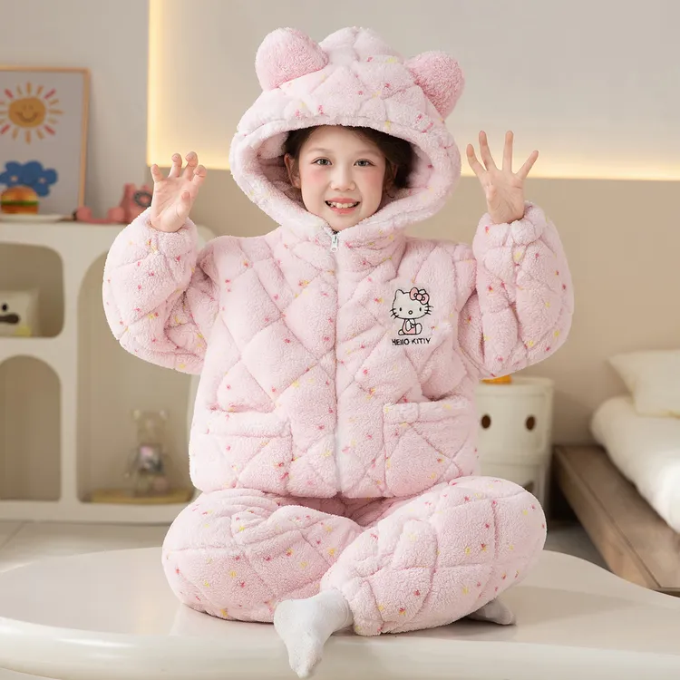 三层夹棉冬季女童法兰绒睡衣套装大童女孩加绒加厚儿童保暖家居服